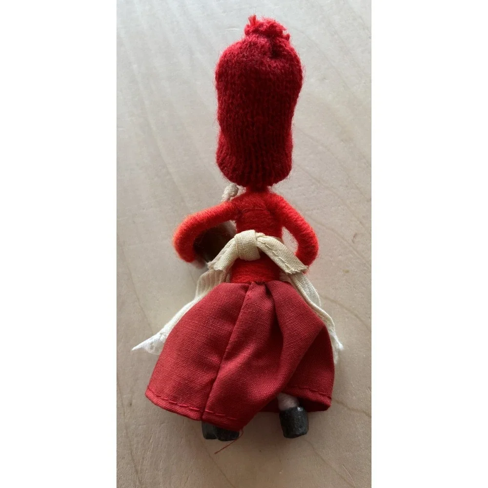 Vtg Anne Beate Handmade Danish Doll Metal Feet Girl & Spoon Bucket Christmas Red